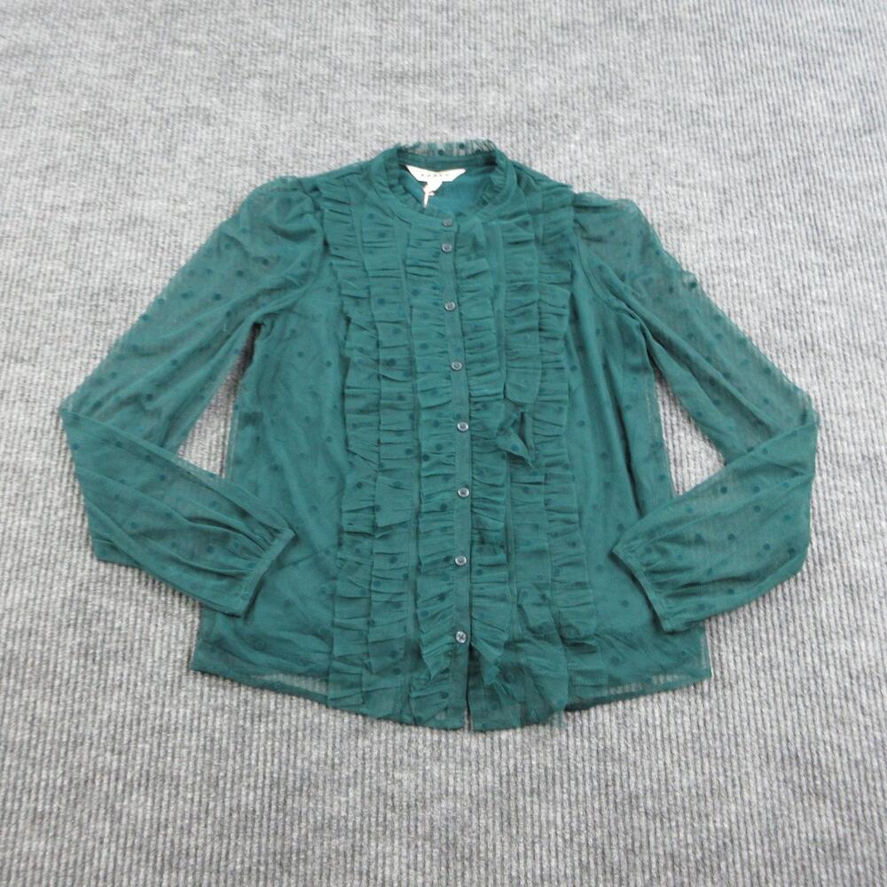 Boden Blouse Womens US 2 Green Mesh Puff Sleeve Ruffle Button Collared NWT
